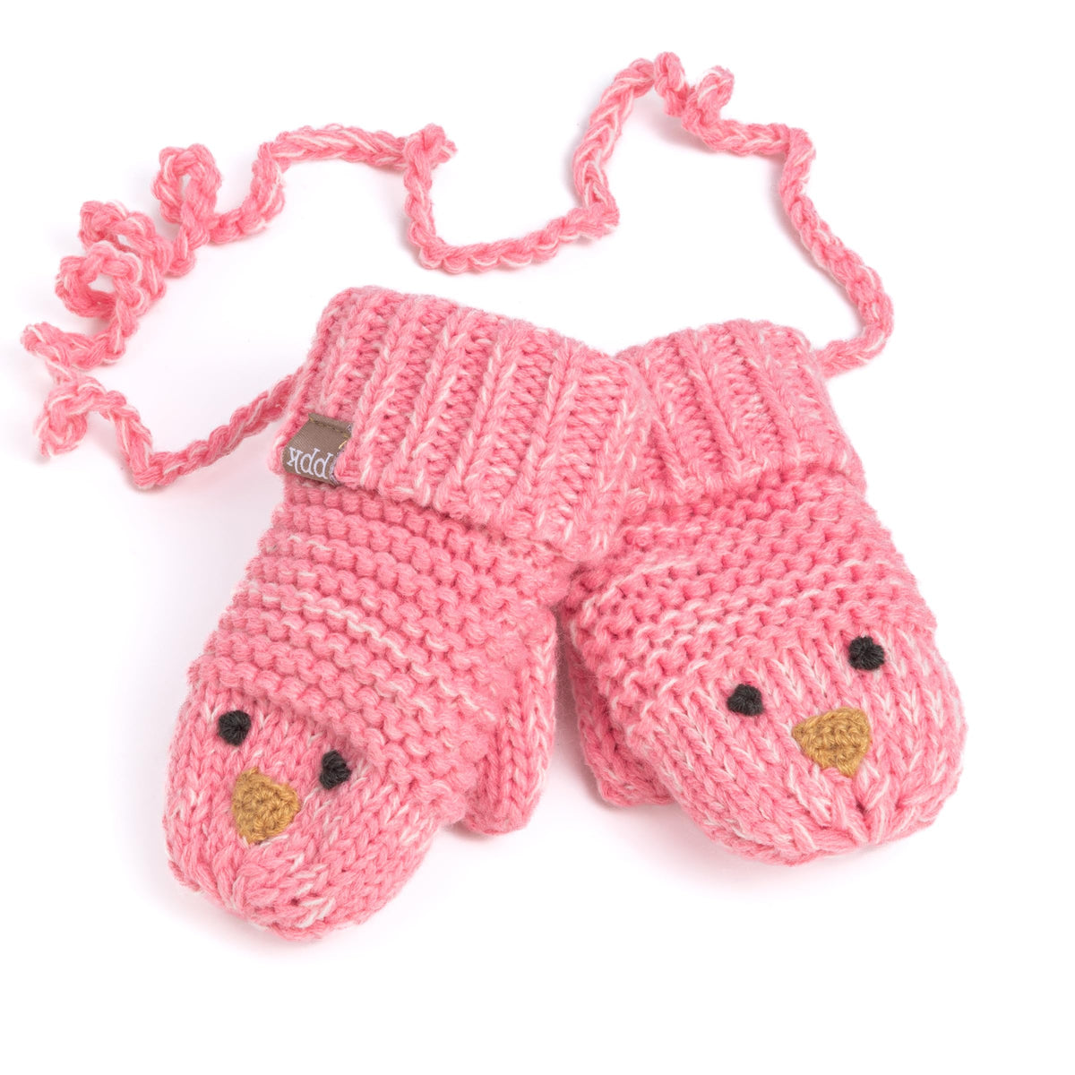 Knit chick baby mittens in pink with cord ties and stitched face design
