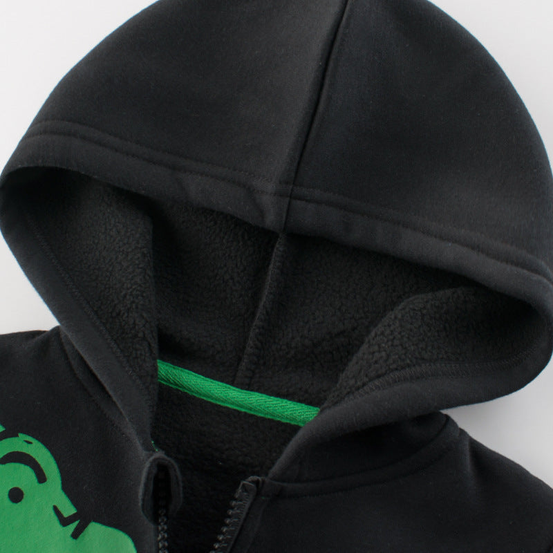 Black zip hoodie sweater hood with dark lining and green inside trim