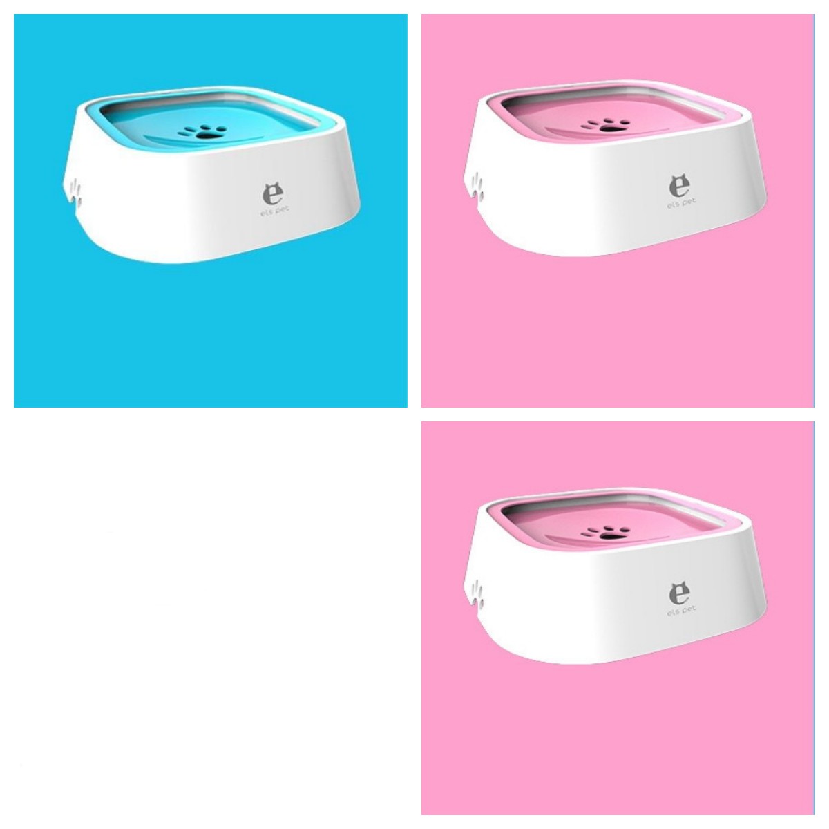 White pet water dispenser with blue and pink inner trays, shown in three views