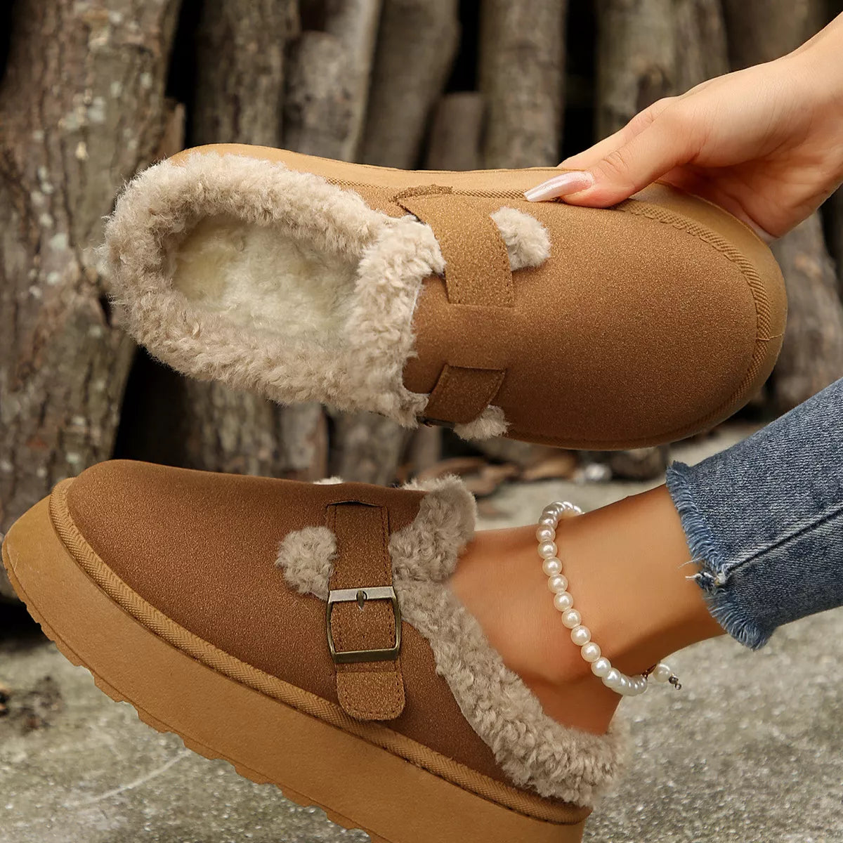 Brown platform slippers with fuzzy trim and buckle strap, thick tread sole