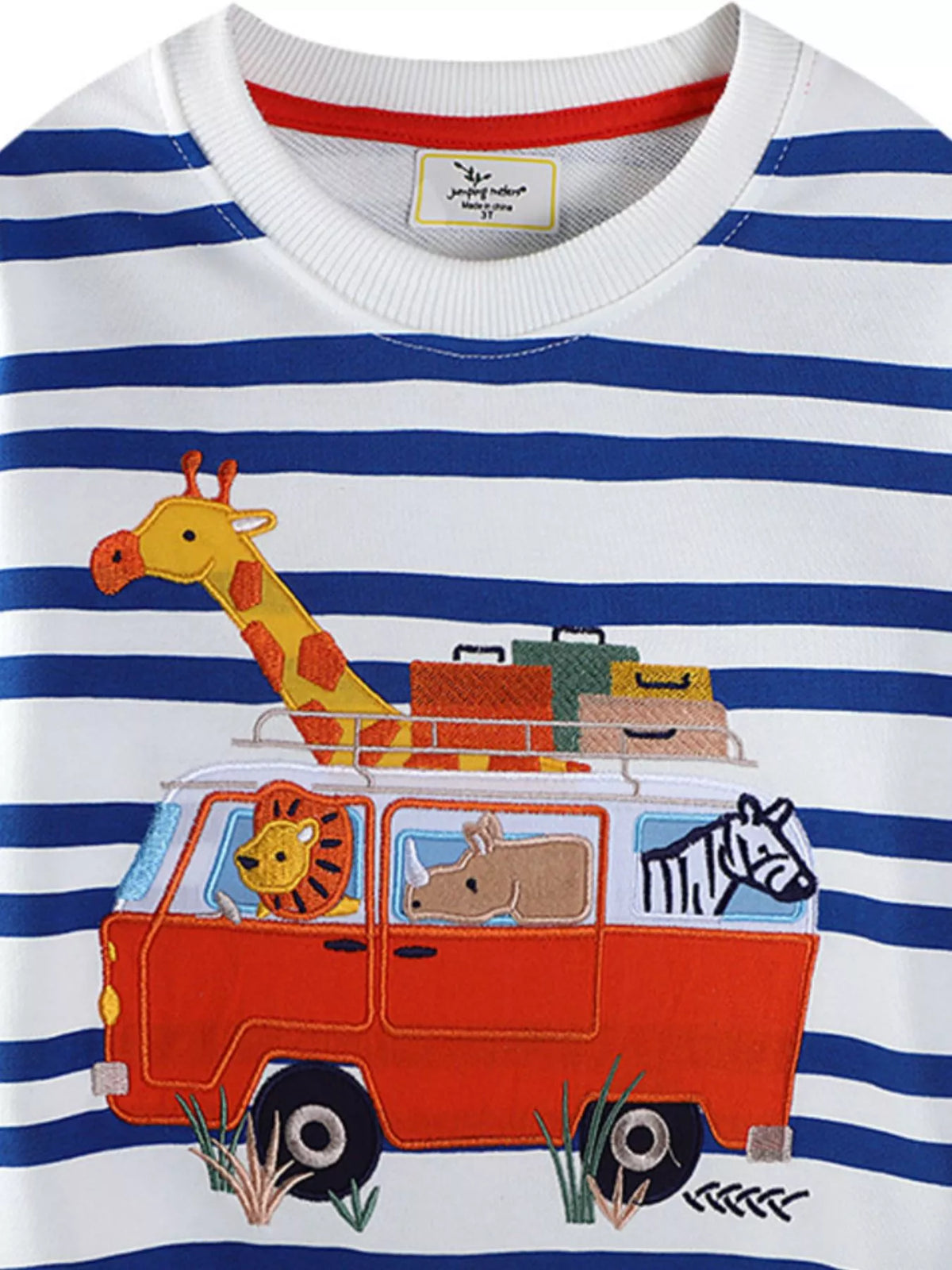 Kids striped sweatshirt with large embroidered orange animal vehicle front