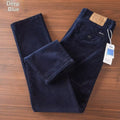 Men's corduroy straight-leg trousers in deep blue with zip fly, button closure, and belt loops