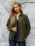 Olive corduroy button-front shirt with chest pockets and button placket
