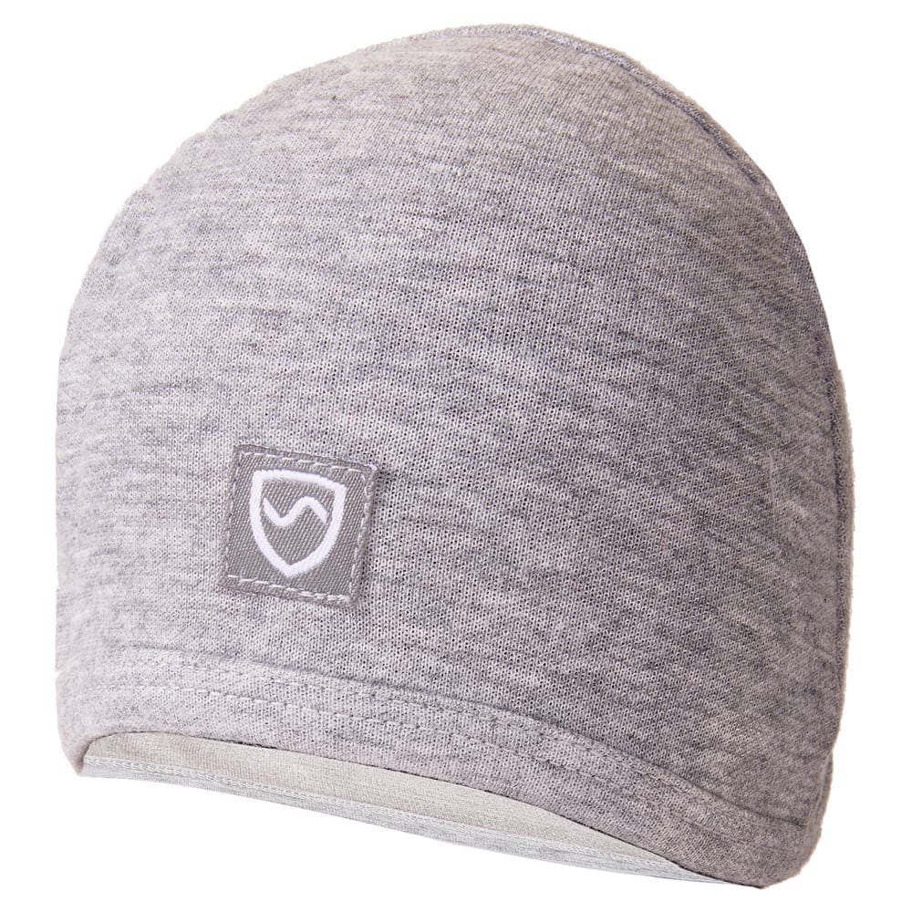 Gray baby beanie with embroidered shield logo patch