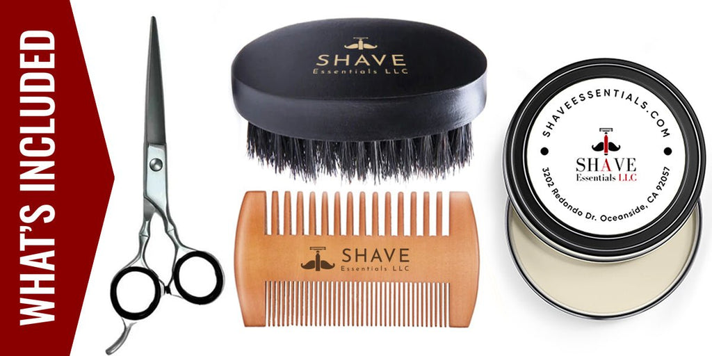 Beard care bundle set: beard brush, comb, grooming scissors, and balm tin