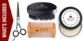 Beard care bundle set: beard brush, comb, grooming scissors, and balm tin