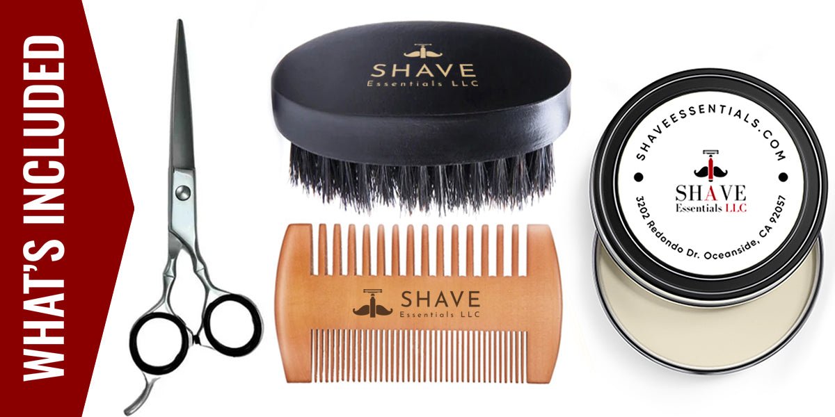 Beard care bundle set: beard brush, comb, grooming scissors, and balm tin