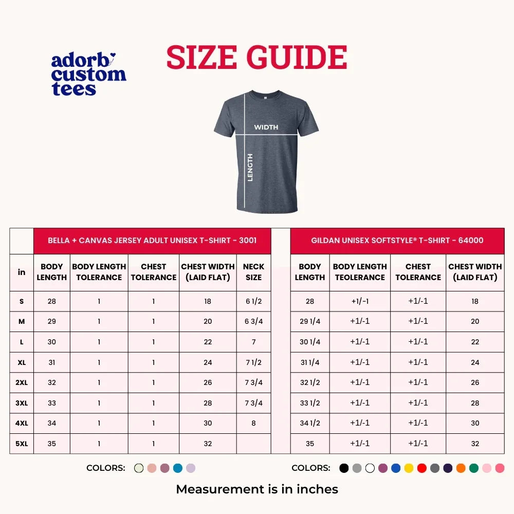 T-shirt size guide graphic with chart for width, length, and chest