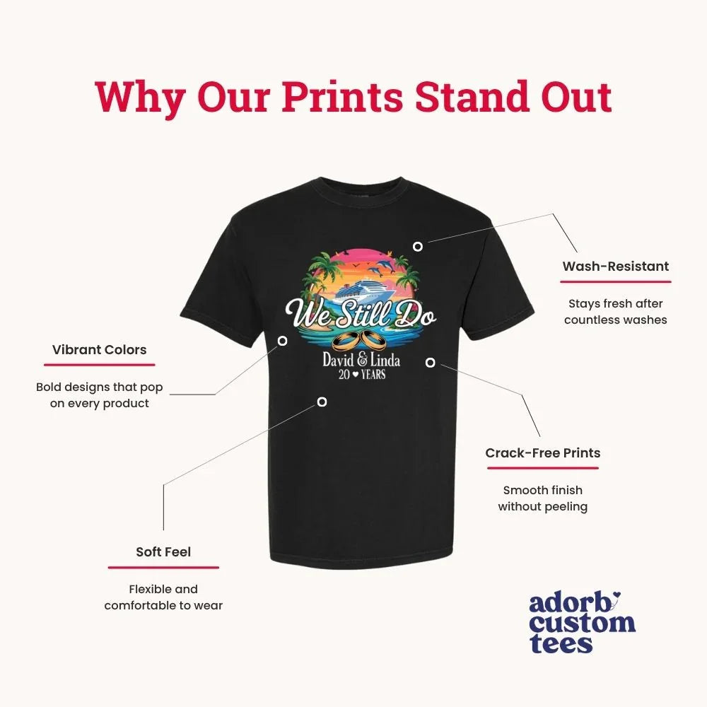 Black crewneck T-shirt with colorful “We Still Do” graphic
