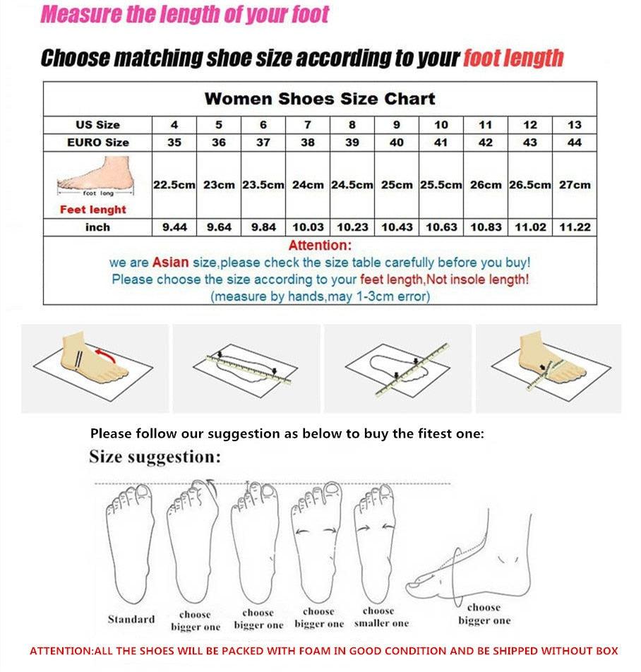Women shoes size chart with US and Euro sizes and foot-length measurement guide