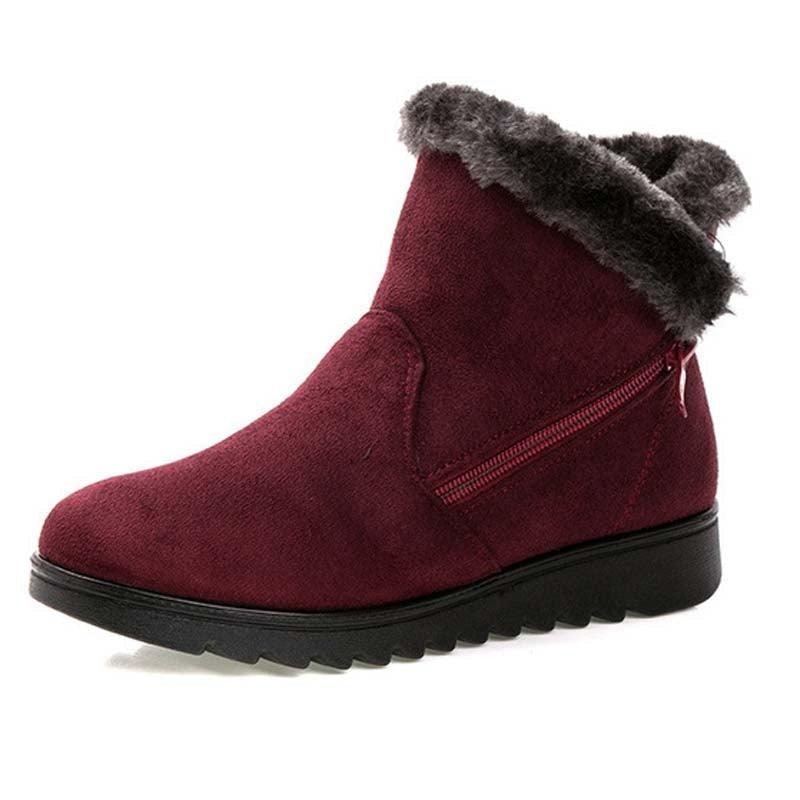 Women’s burgundy winter ankle boots with faux-fur cuff, side zipper, and chunky tread sole.