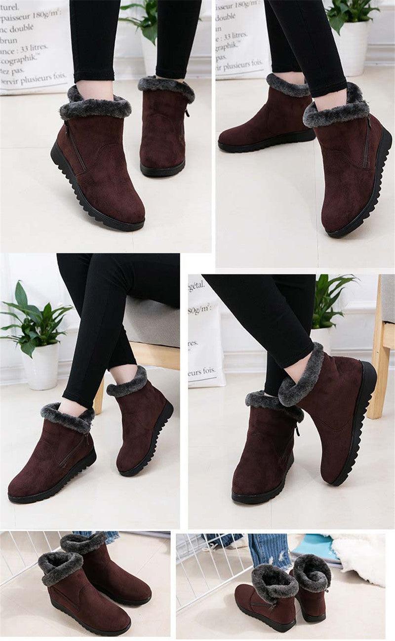 Women’s winter ankle boots in burgundy with faux fur trim and chunky platform sole, multiple views