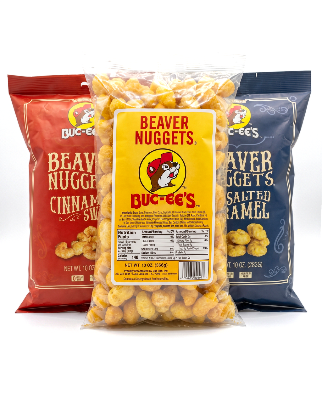 Beaver Nuggets assorted 3-pack: center yellow bag with cinnamon and salted caramel bags