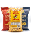 Beaver Nuggets assorted 3-pack: center yellow bag with cinnamon and salted caramel bags
