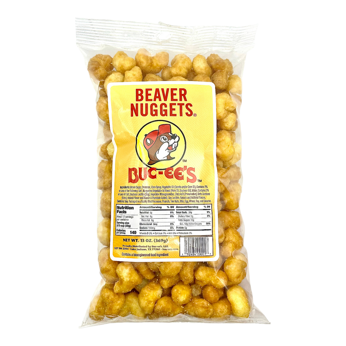 Beaver Nuggets snack bag with Buc-ee's branding, showing golden nugget pieces inside.