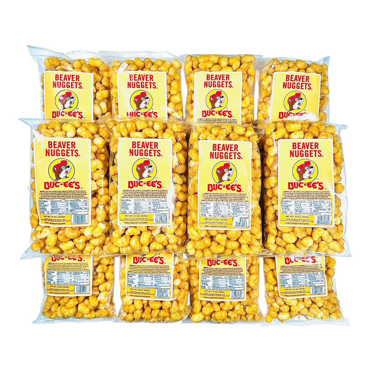 Multi-pack of Beaver Nuggets snack bags with Buc-ee's labels, filled with golden nuggets.