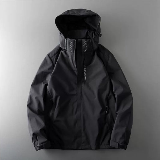 Men's windproof waterproof jacket, dark gray, hooded with zip front and drawstring hem