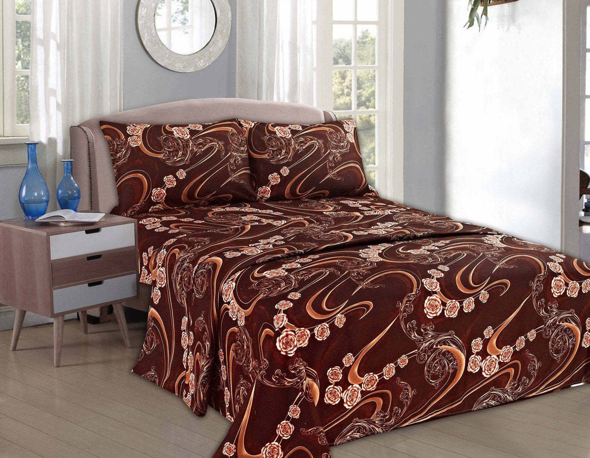 Brown floral bed sheet set with matching pillow shams on a bed