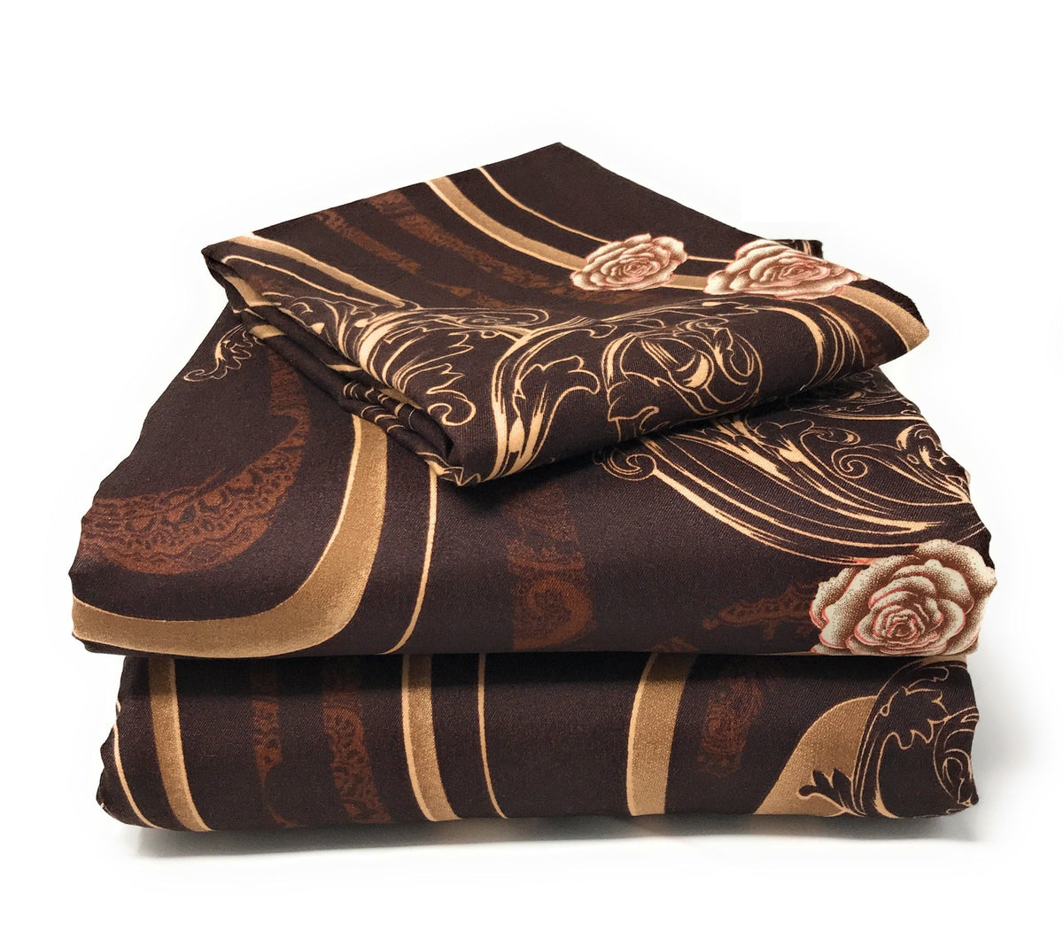 Brown floral bed sheet set with gold accents, folded with matching pillowcase