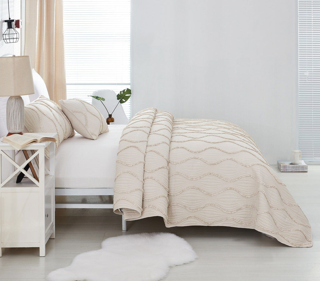 DaDa Bedding Soft Charming French Country Ruffles Quilted Cotton Bedspread Set - Ivory Cream Tan (JHW873)