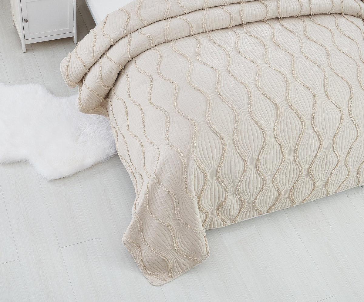 DaDa Bedding Soft Charming French Country Ruffles Quilted Cotton Bedspread Set - Ivory Cream Tan (JHW873)