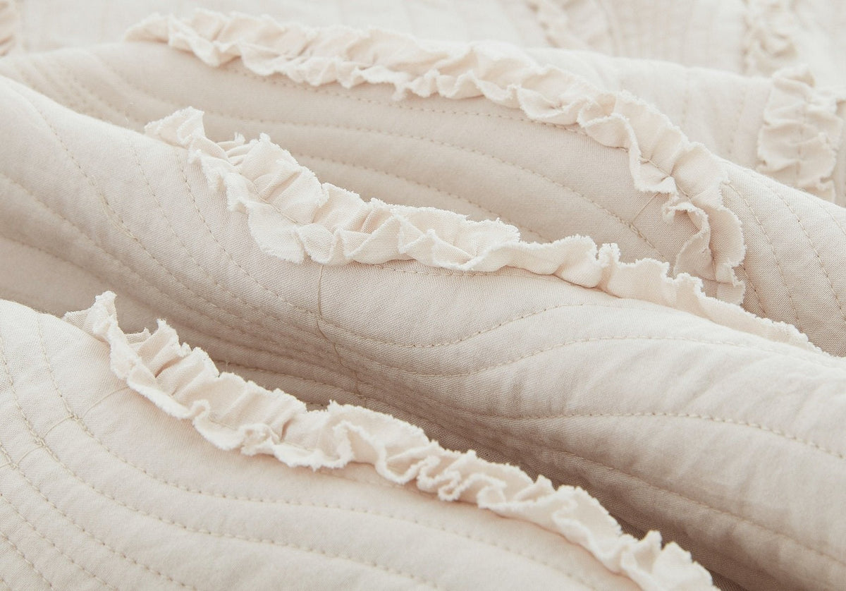 DaDa Bedding Soft Charming French Country Ruffles Quilted Cotton Bedspread Set - Ivory Cream Tan (JHW873)