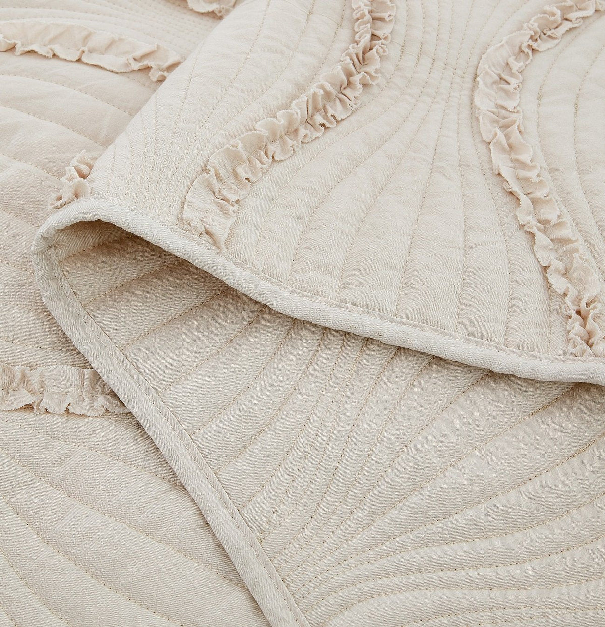 DaDa Bedding Soft Charming French Country Ruffles Quilted Cotton Bedspread Set - Ivory Cream Tan (JHW873)