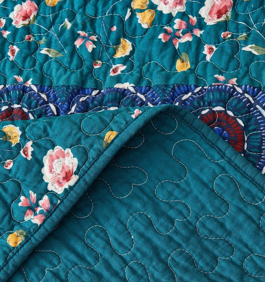 Quilt fabric detail: teal quilt with embroidered swirl quilting and pink flower sprigs