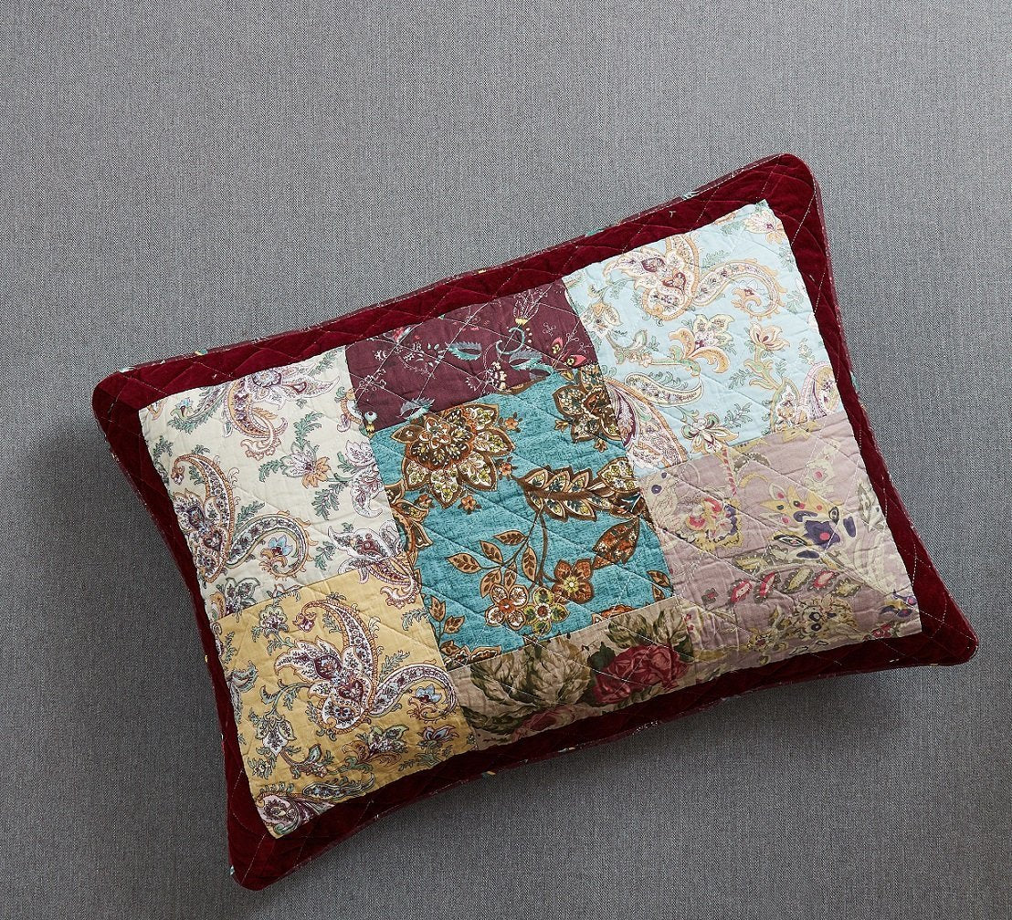 Burgundy paisley patchwork cotton quilt with multicolor squares and burgundy border