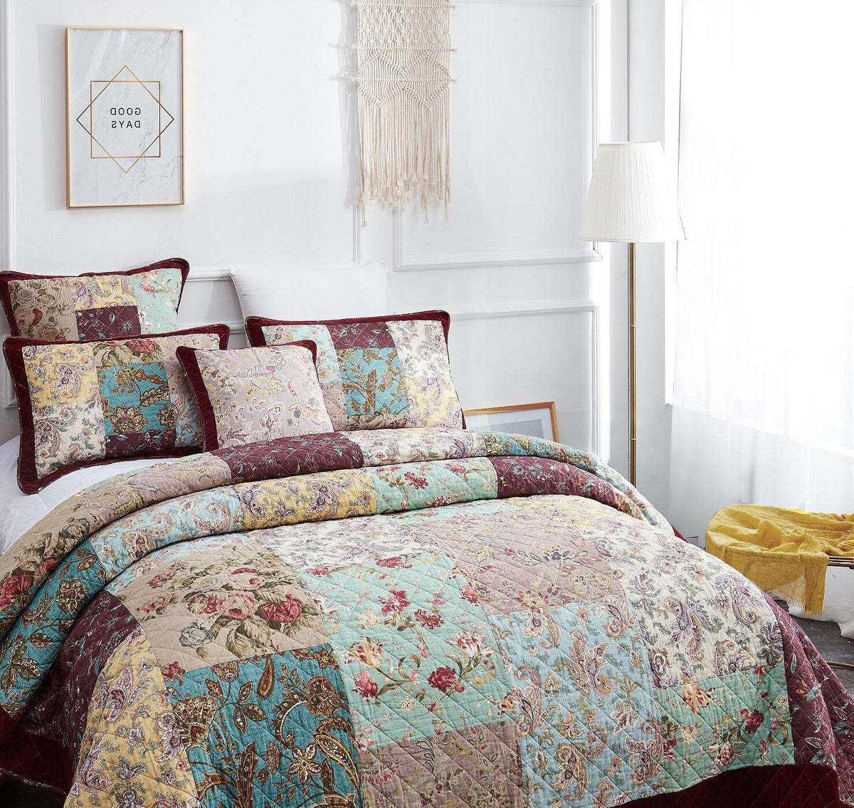 Burgundy paisley patchwork cotton quilt set with multiple printed pillow shams