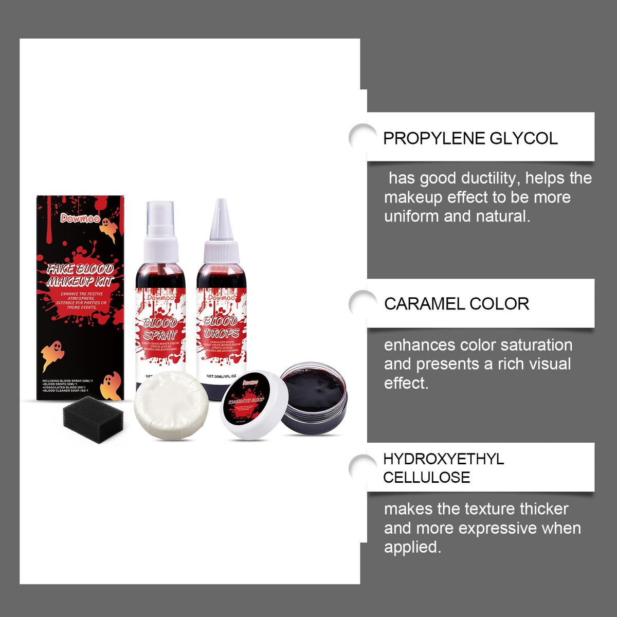 Halloween fake blood makeup set with propylene glycol and hydroxyethyl cellulose ingredients