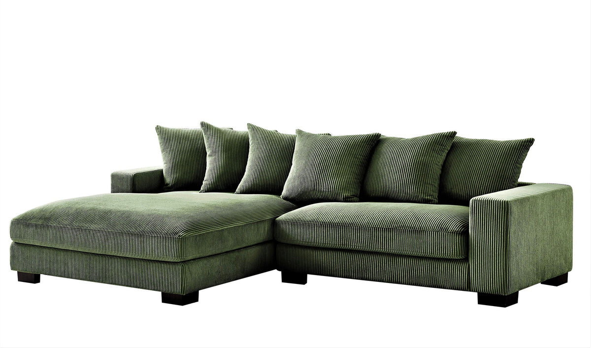 L-shaped sectional sofa with chaise in dark green, chaise lounger and padded arm panels