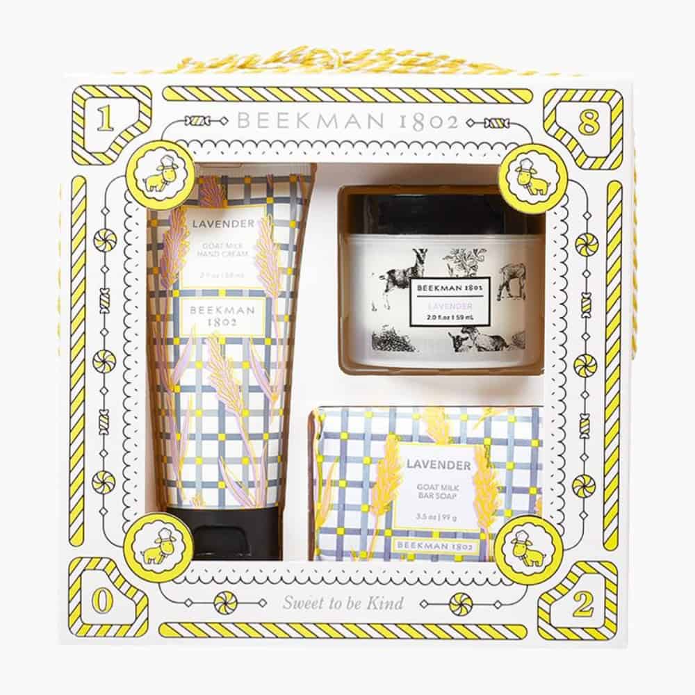 Beekman 1802 Lavender goat milk skincare gift set in decorated gift box