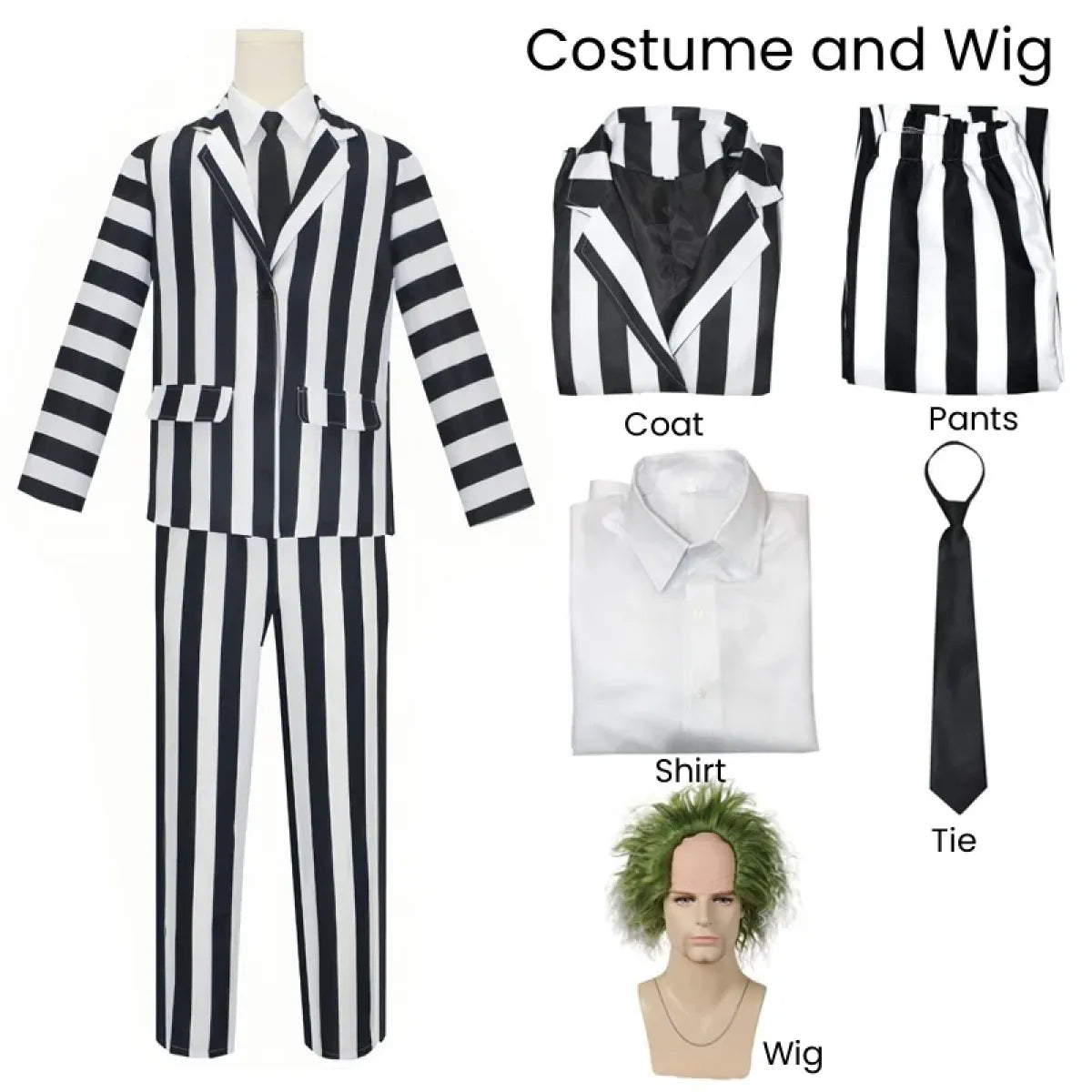 Cosplay costume set: striped coat and pants, white dress shirt, black tie, green wig