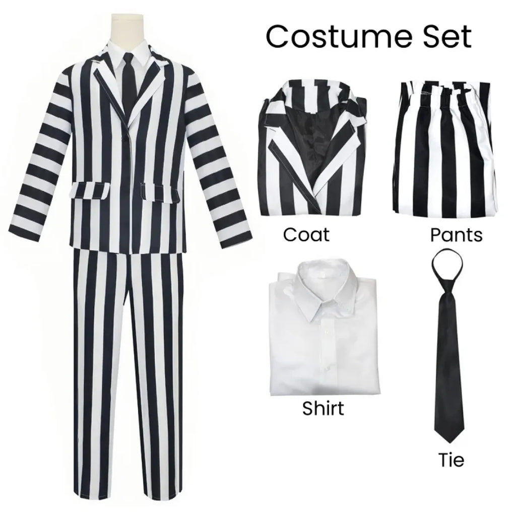 Cosplay costume set with striped coat and pants, white shirt, black tie; wig shown