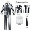 Cosplay costume set with striped coat and pants, white shirt, black tie; wig shown