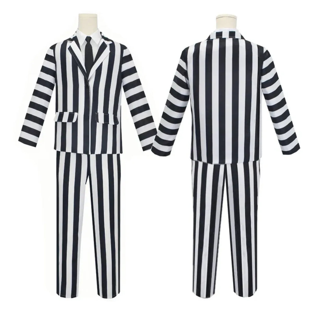 Black and white striped suit set with jacket and pants, front and back view