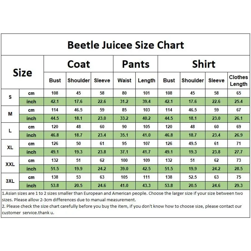 Cosplay size chart table for coat, pants, and shirt measurements