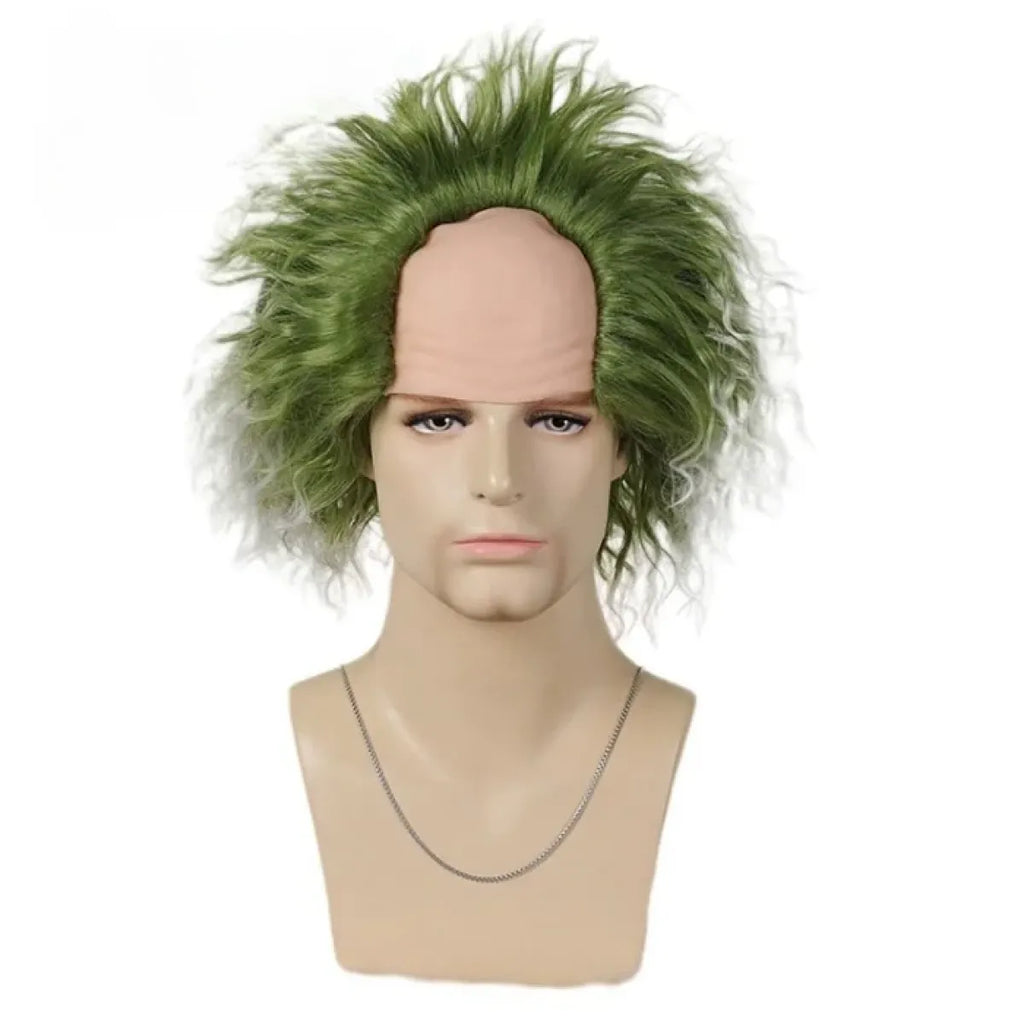 Bright green curly cosplay wig on a mannequin head