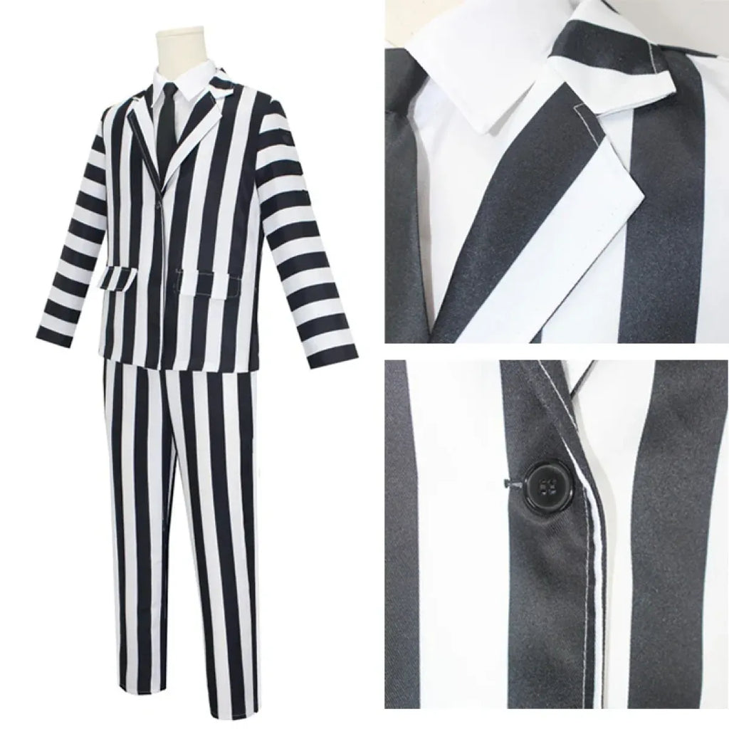 Black and white striped long-sleeve jacket with matching striped pants on a mannequin