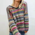 Women’s V-neck casual sweater, multicolor striped fabric knit long sleeve