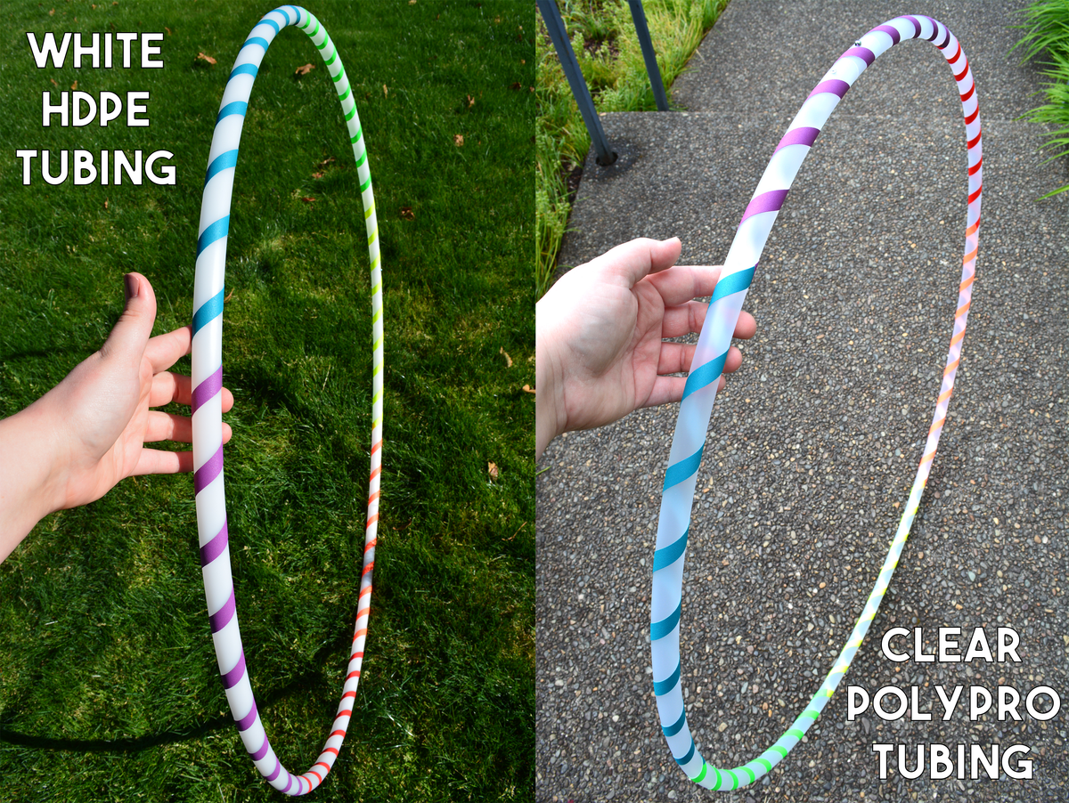 Beginner hula hoop with striped blue and green gaffer tape, held by hands