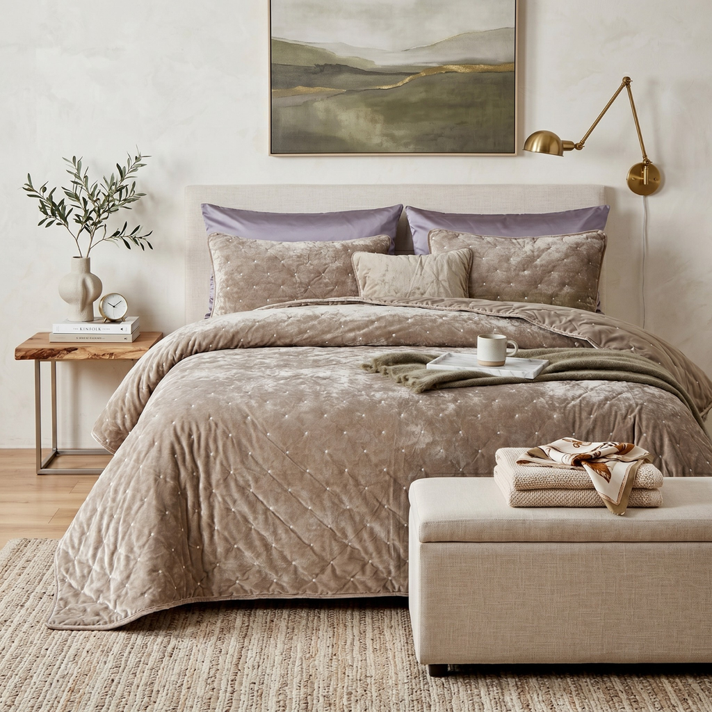 Taupe beige tufted velvet quilt set with matching pillows, plush bedspread