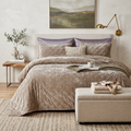Taupe beige tufted velvet quilt set with matching pillows, plush bedspread
