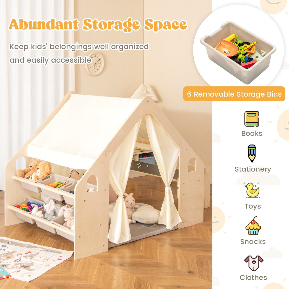 Kids play tent with 6 removable storage bins for toys, books, and snacks