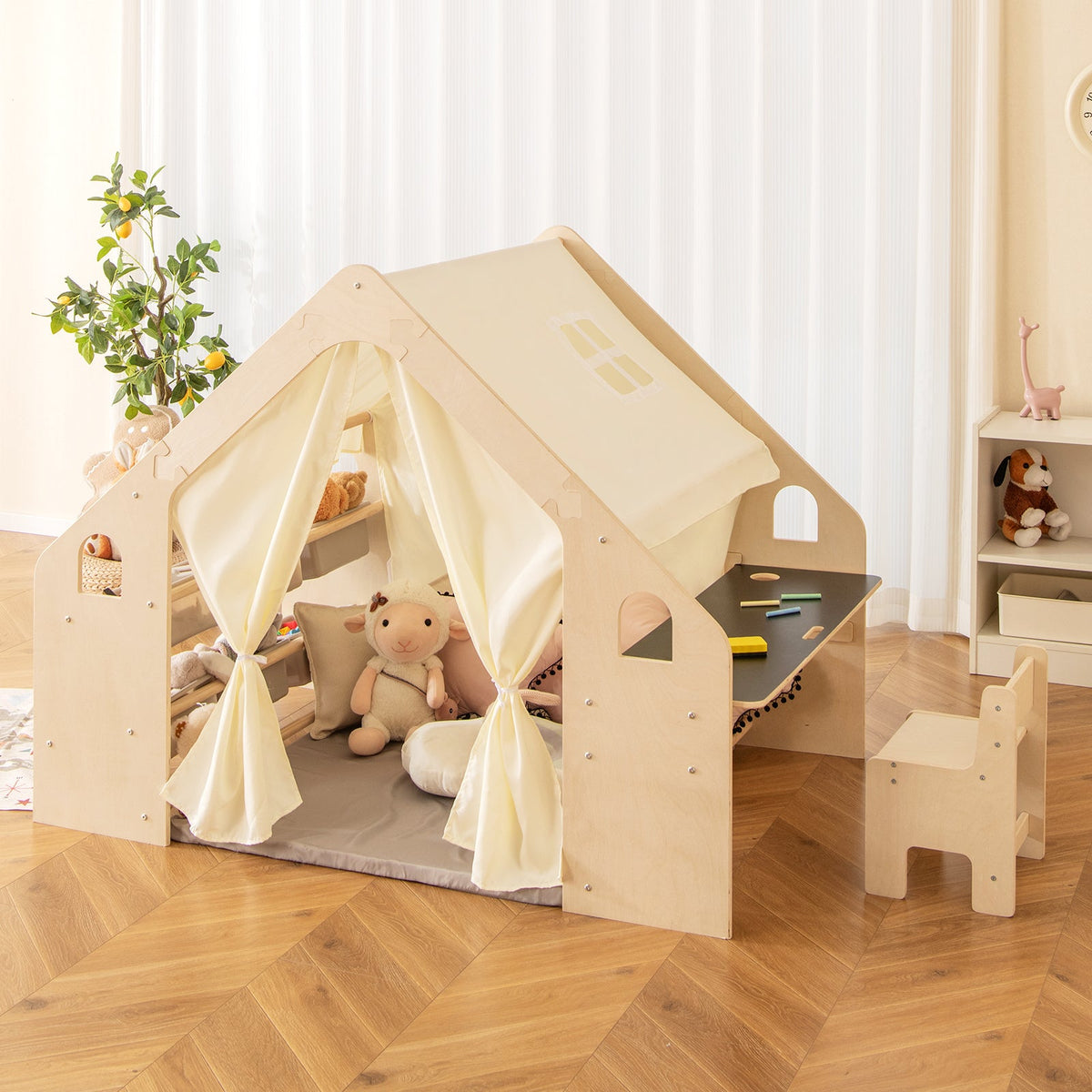 Kids play tent playhouse in beige with open front, interior shelves, and floor cushion