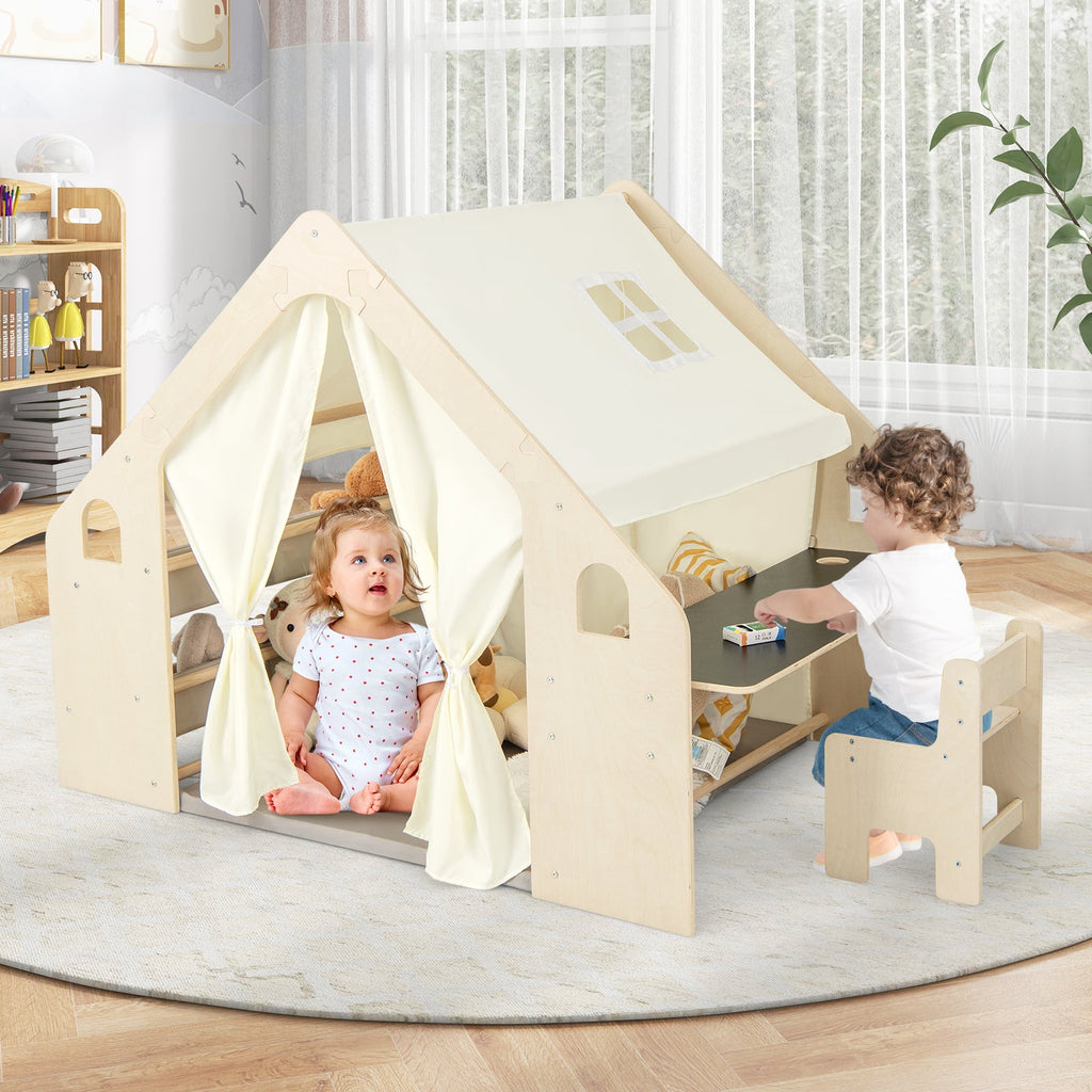 Beige kids playhouse tent with roof blackboard, table and chair for pretend play