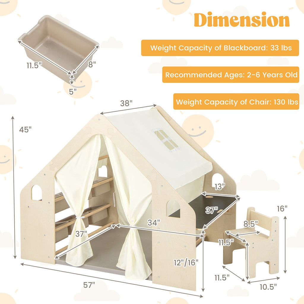 Beige kids play tent playhouse with blackboard and storage bins, shown with size diagram