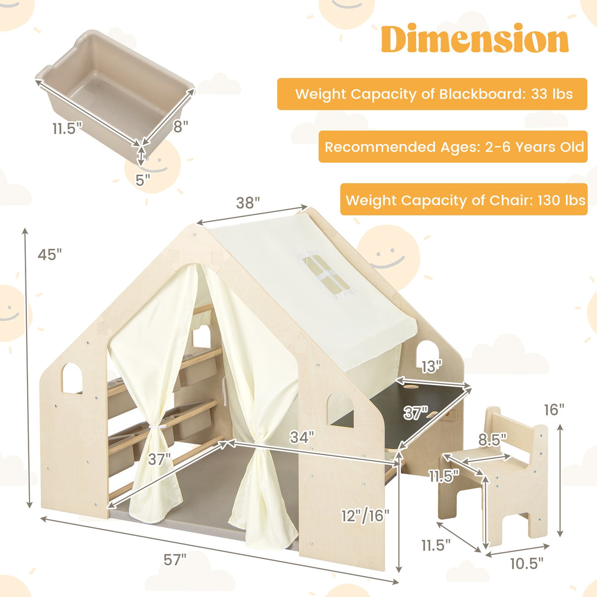 Beige kids play tent playhouse with blackboard and storage bins, shown with size diagram