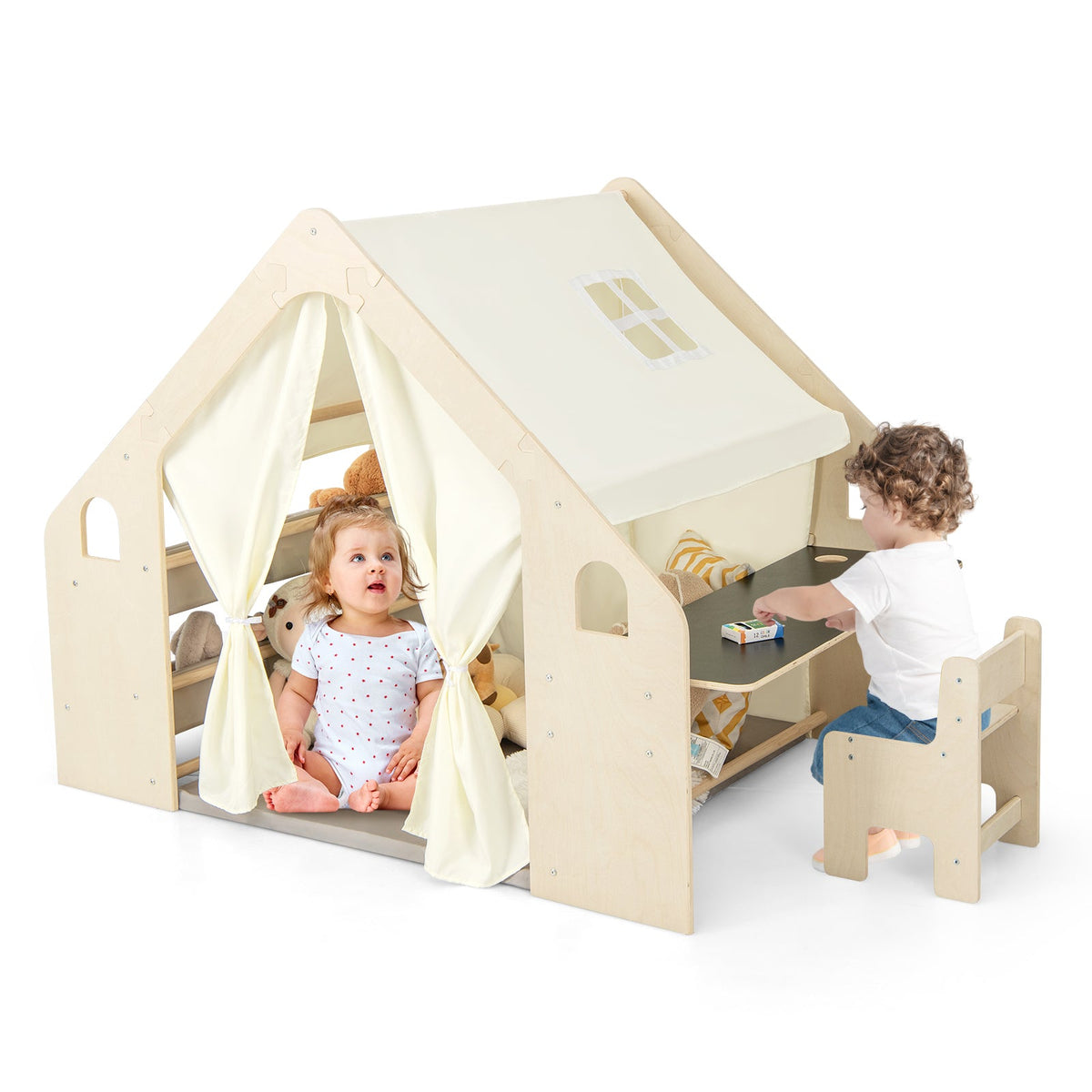 Kids beige play tent with white canopy, open doors, and matching table and stool